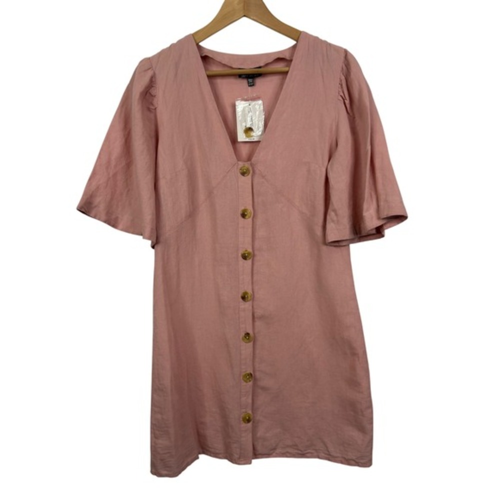 TOPSHOP Pink Linen Blend Button Front Flutter‎ Sleeve Mini Dress Size US 6 - Picture 2 of 8